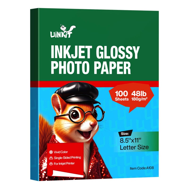Uinkit 100 Sheets Inkjet Photo Paper Glossy 8.5x11 48lb 180Gsm Professional Photographic Paper Letter Size 8.5Mil Instant Dry Suitable for All Ink Printers - Image 1